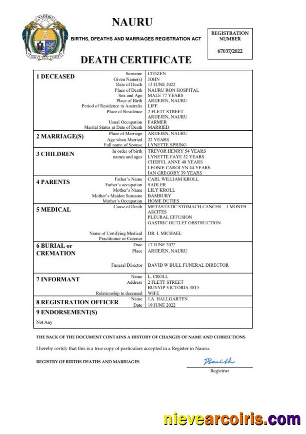 Nauru death certificate
